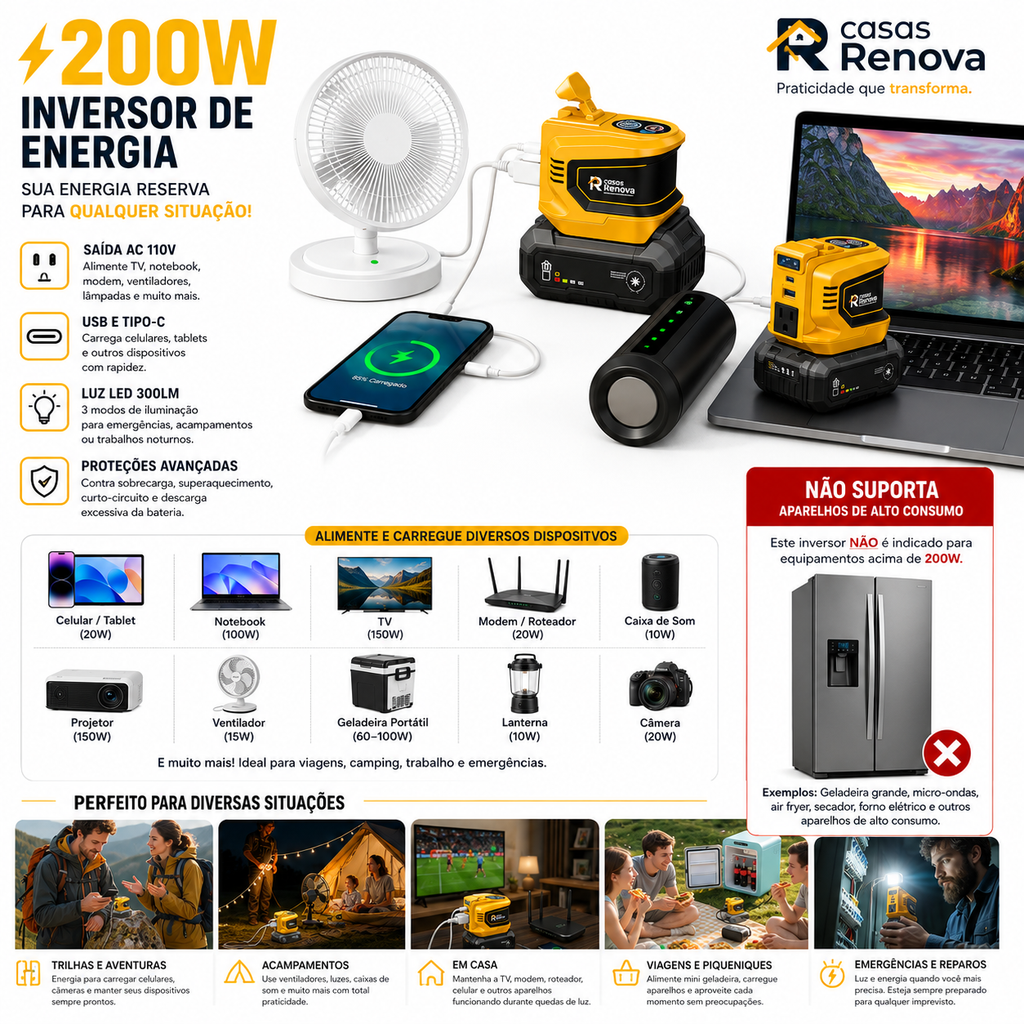 Inversor de Energia 200W para Eletrodomésticos – USB, Tipo-C e Luz LED