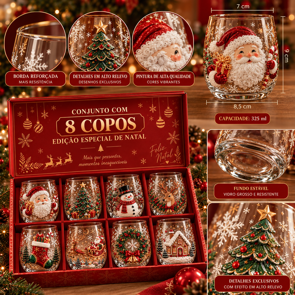 Conjunto de 6 Copos Especiais de Natal 3D com Caixa | Copos Natalinos de Vidro