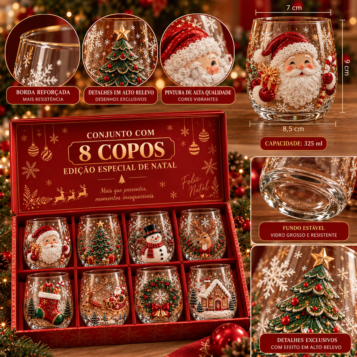 Conjunto de 6 Copos Especiais de Natal 3D com Caixa | Copos Natalinos de Vidro