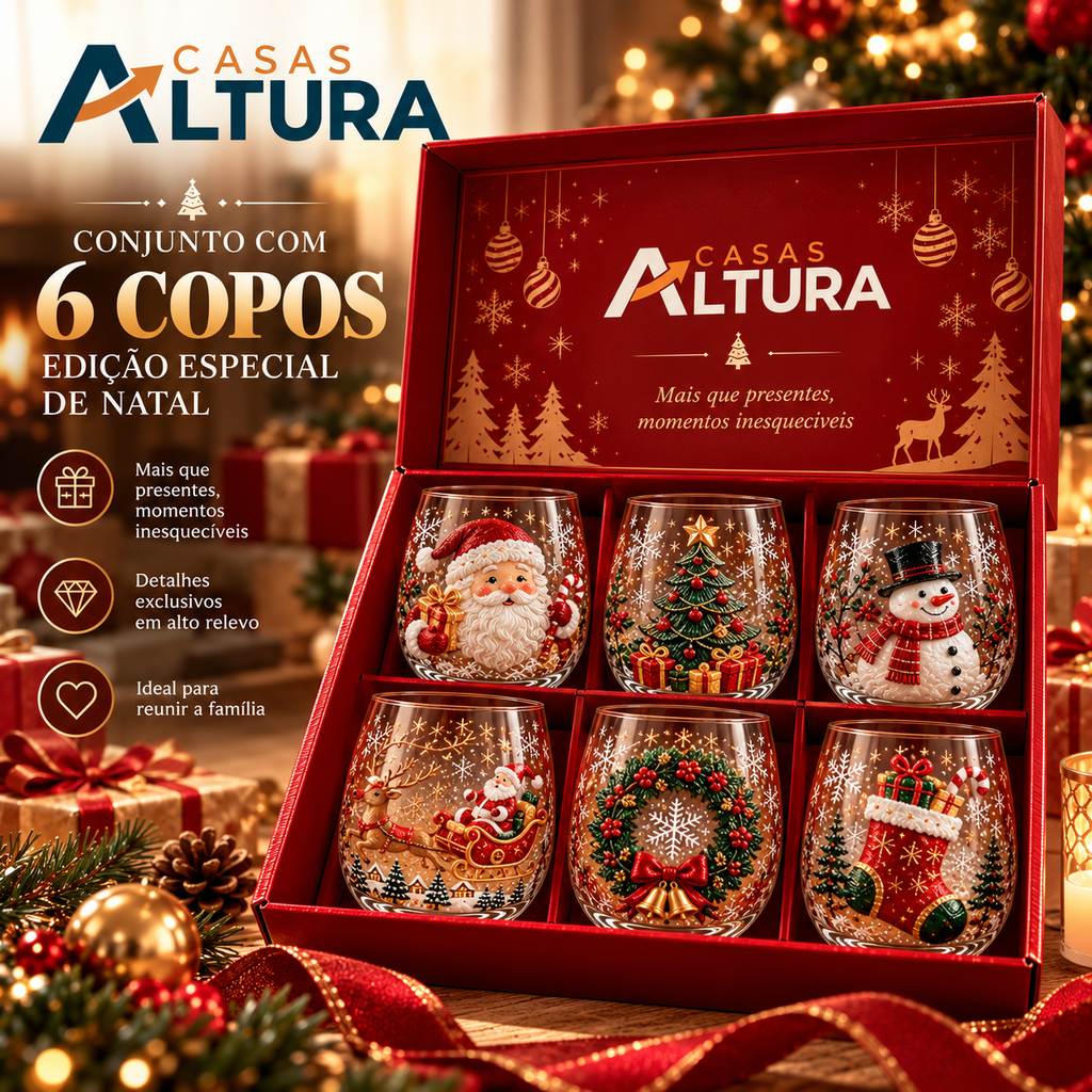 Conjunto de 6 Copos Especiais de Natal 3D com Caixa | Copos Natalinos de Vidro