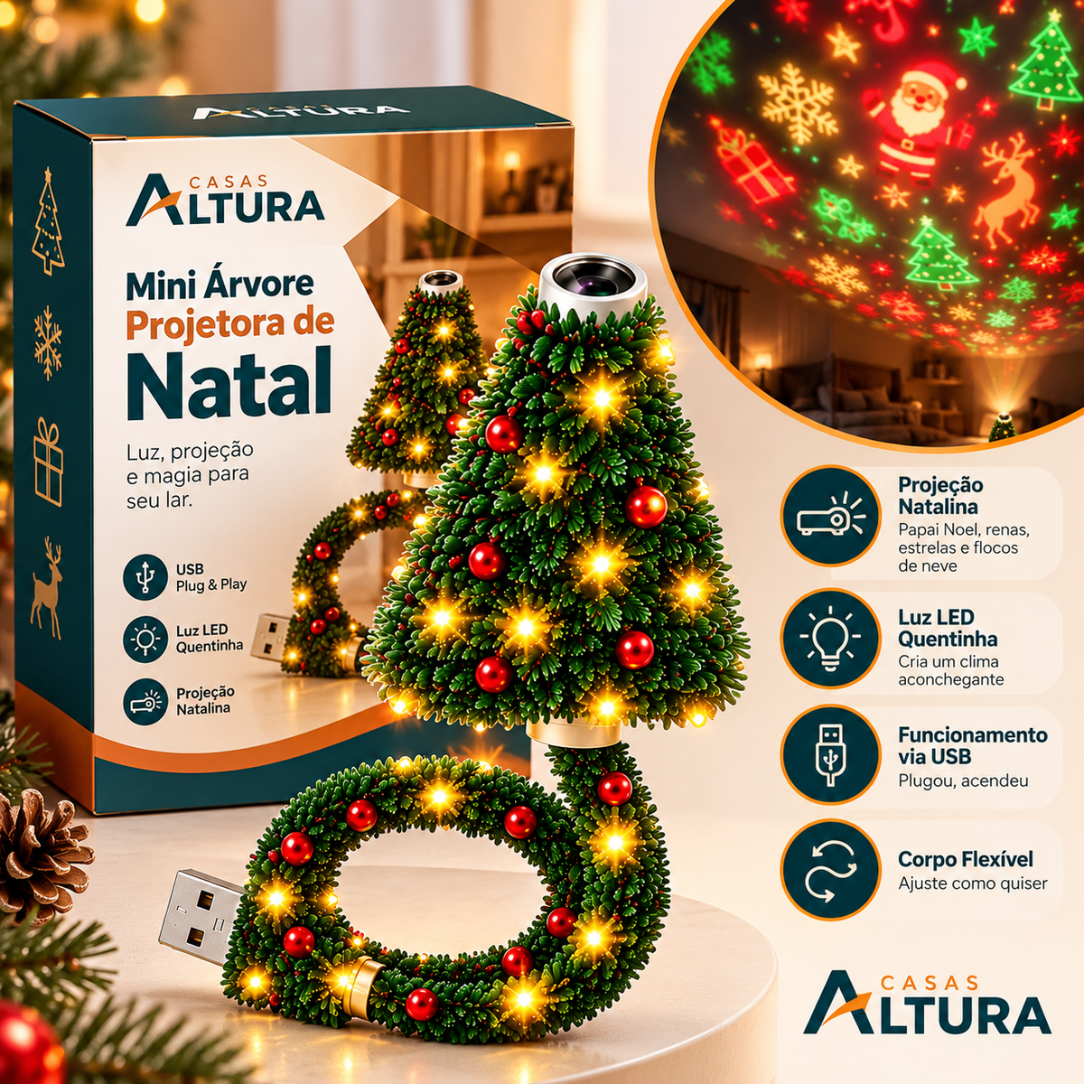 Mini árvore de Natal com luz LED que projeta Papai Noel, renas, estrelas e flocos de neve