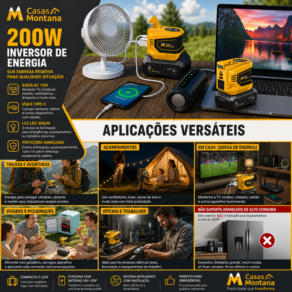 Inversor de Energia 200W para Eletrodomésticos – USB, Tipo-C e Luz LED