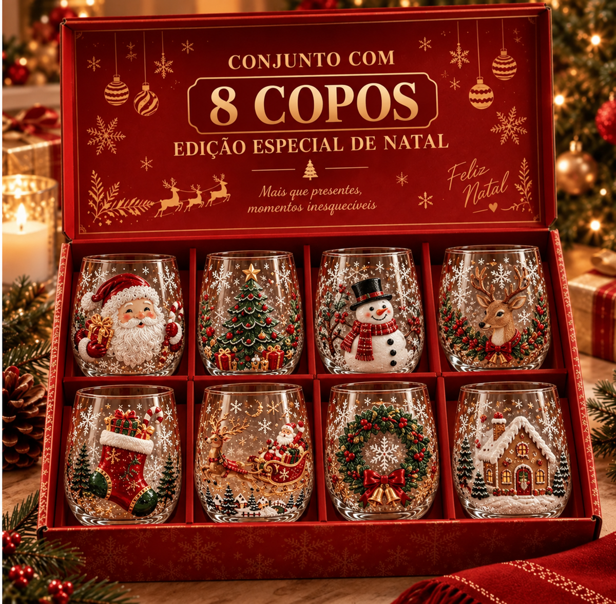 Conjunto de 6 Copos Especiais de Natal 3D com Caixa | Copos Natalinos de Vidro