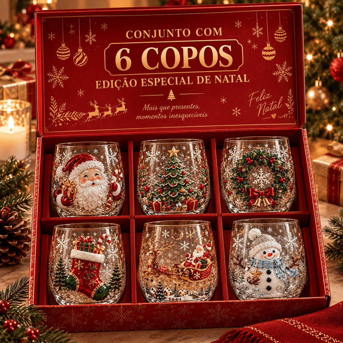 Conjunto de 6 Copos Especiais de Natal 3D com Caixa | Copos Natalinos de Vidro