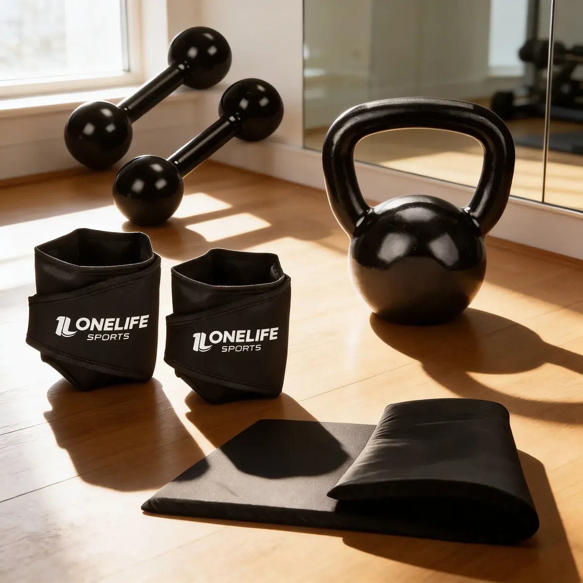 Kit Fitness Completo para Treino em Casa — Colchonete + Caneleiras + Halteres + Kettlebell