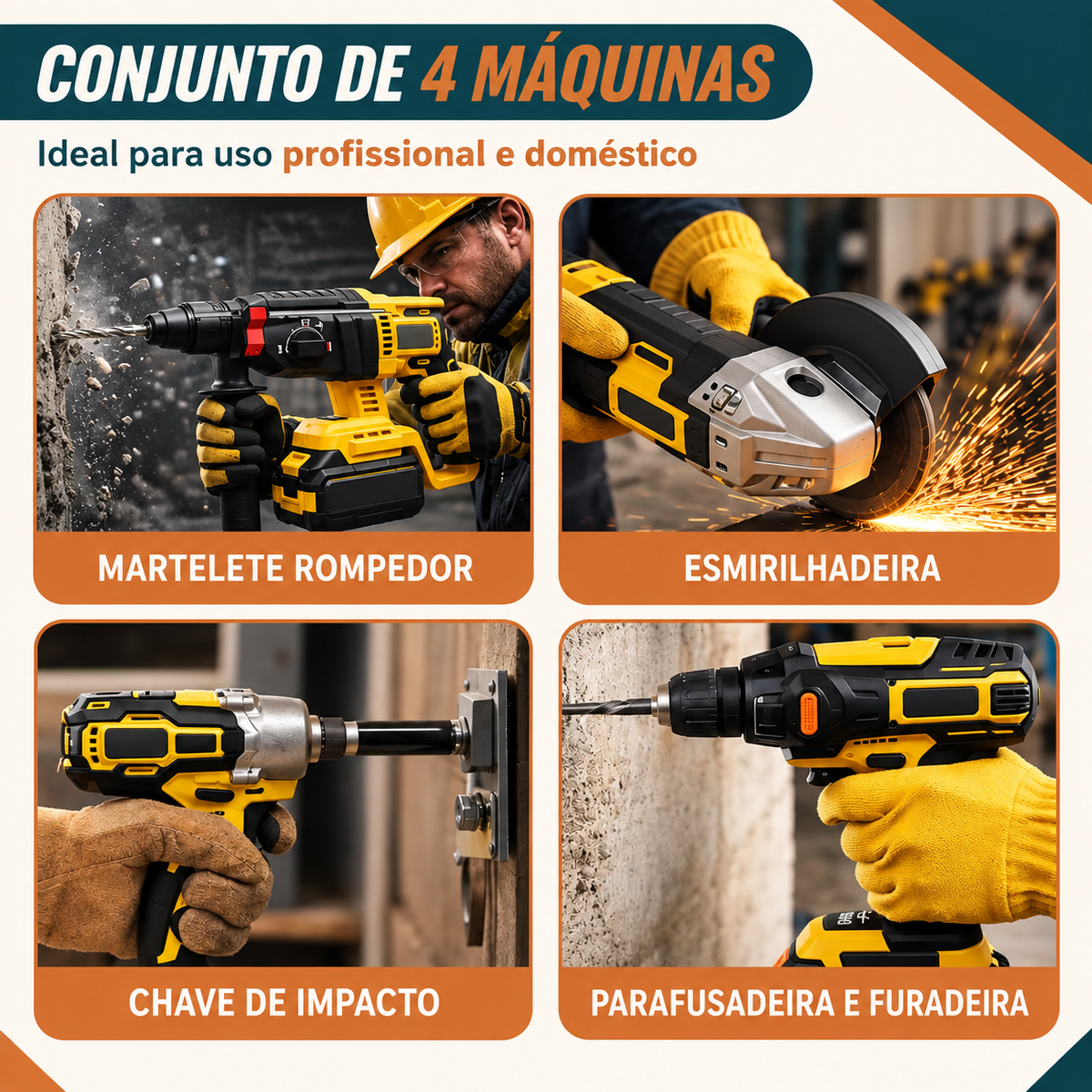 Kit Ferramentas 4 em 1 48V | Íon Lítio Baterias Sem Fio | Martelete + Esmerilhadeira + Furadeira + Chave de Impacto