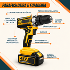 Kit Ferramentas 4 em 1 48V | Íon Lítio Baterias Sem Fio | Martelete + Esmerilhadeira + Furadeira + Chave de Impacto