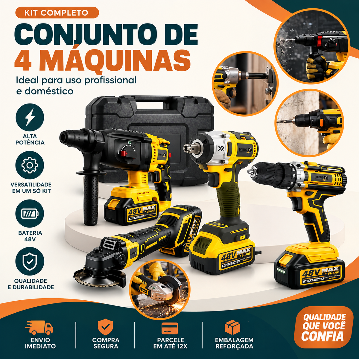 Kit Ferramentas 4 em 1 48V | Íon Lítio Baterias Sem Fio | Martelete + Esmerilhadeira + Furadeira + Chave de Impacto