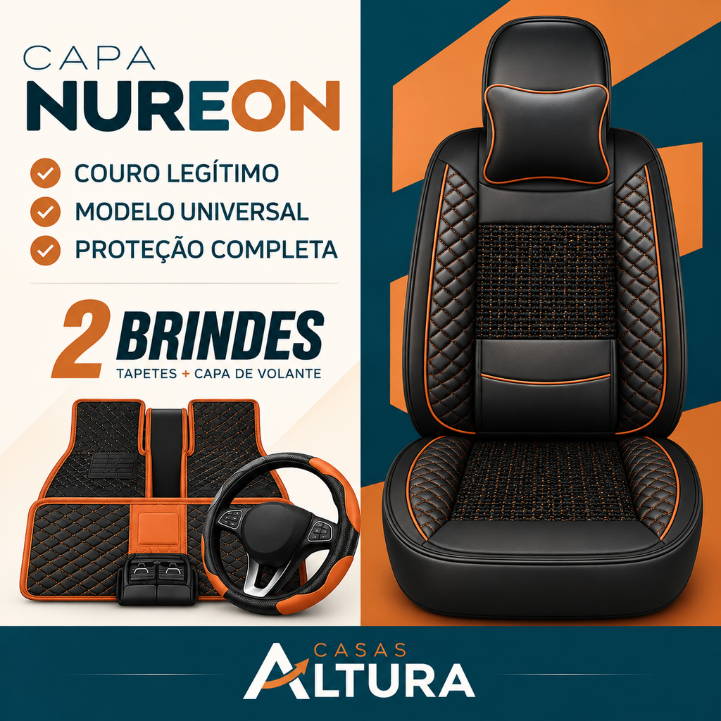Kit Completo de Capas para Banco de Carro Nureon em Couro Legítimo Universal 5 Lugares Com Airbag + Tapetes e Capa de Volante