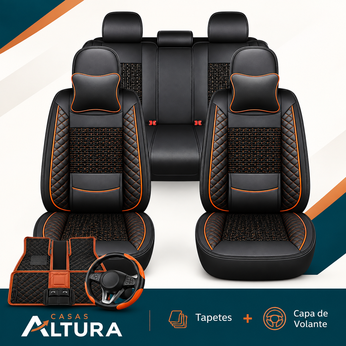 Kit Completo de Capas para Banco de Carro Nureon em Couro Legítimo Universal 5 Lugares Com Airbag + Tapetes e Capa de Volante