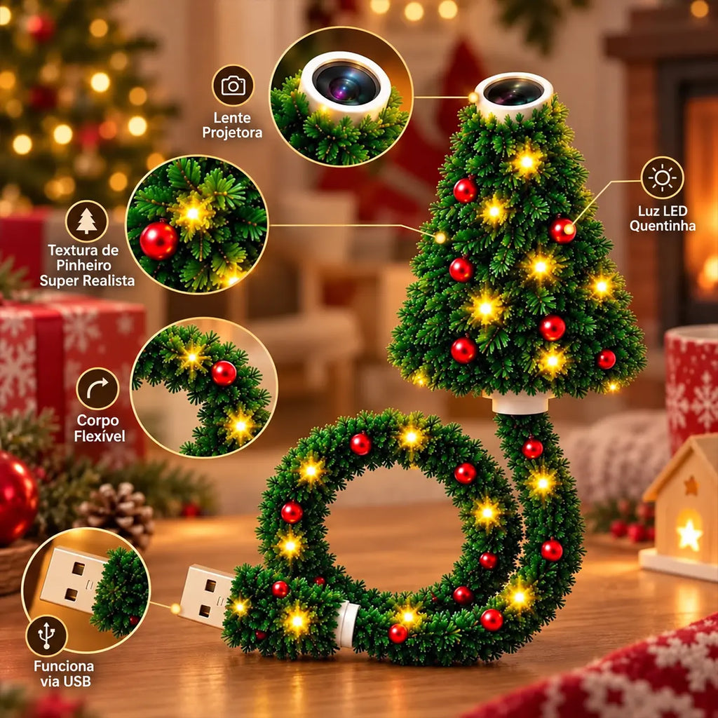 Mini árvore de Natal com luz LED que projeta Papai Noel, renas, estrelas e flocos de neve
