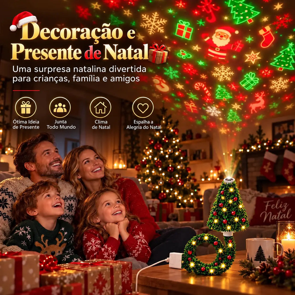 Mini árvore de Natal com luz LED que projeta Papai Noel, renas, estrelas e flocos de neve