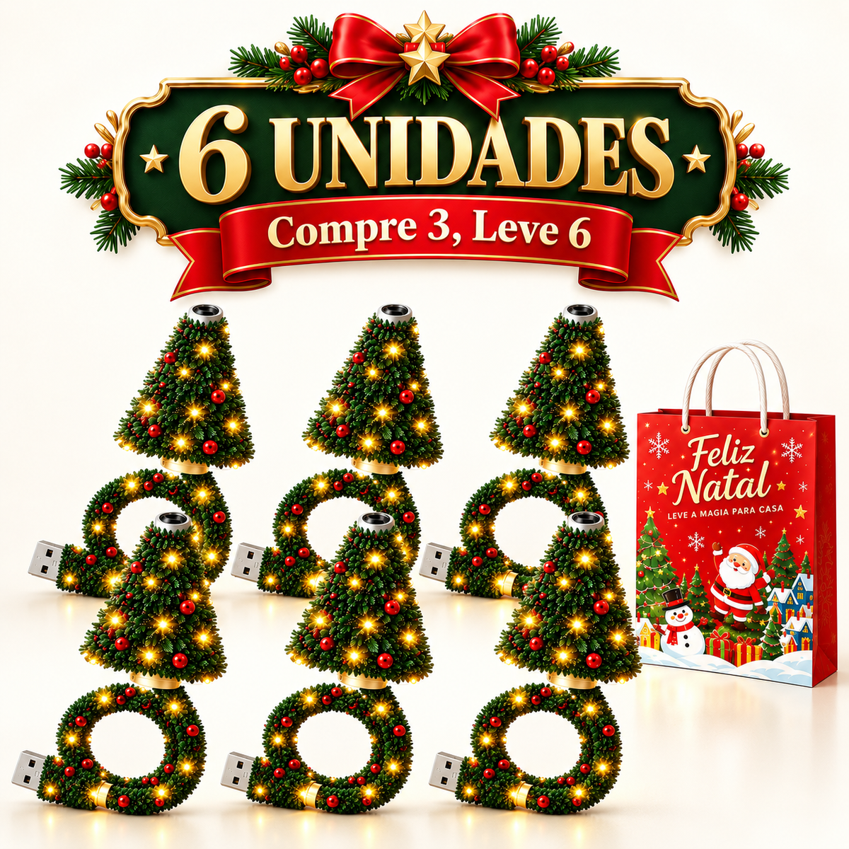 Mini árvore de Natal com luz LED que projeta Papai Noel, renas, estrelas e flocos de neve