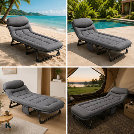 Cama Dobrável Portátil Espreguiçadeira Suporta 160kg com Travesseiro Embutido