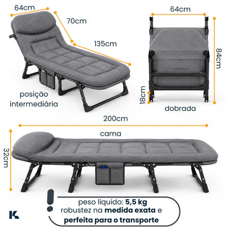 Cama Dobrável Portátil Espreguiçadeira Suporta 160kg com Travesseiro Embutido