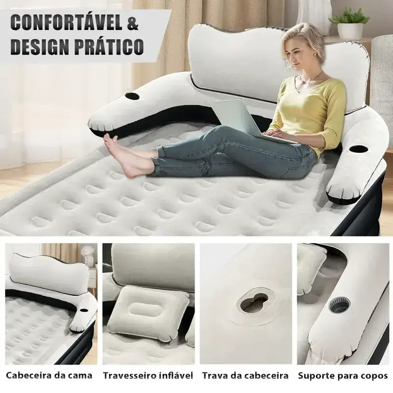 Colchão Inflável Queen com Encosto — Inflar/Desinflar Automático em 3 Minutos