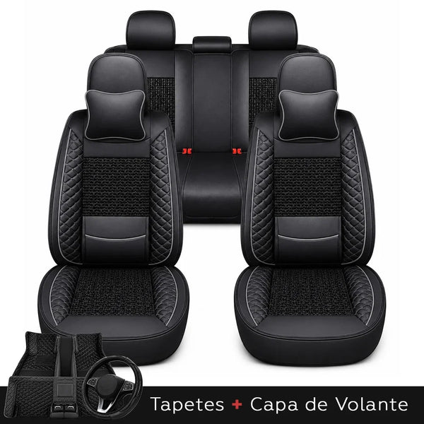 Kit Completo de Capas para Banco de Carro Nureon em Couro Legítimo Universal 5 Lugares Com Airbag + Tapetes e Capa de Volante