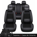 Kit Completo de Capas para Banco de Carro Nureon em Couro Legítimo Universal 5 Lugares Com Airbag + Tapetes e Capa de Volante