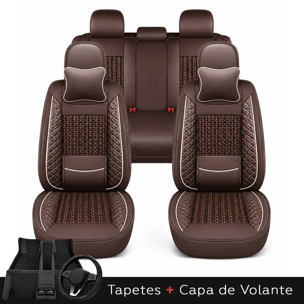 Kit Completo de Capas para Banco de Carro Nureon em Couro Legítimo Universal 5 Lugares Com Airbag + Tapetes e Capa de Volante