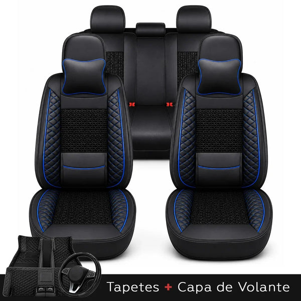 Kit Completo de Capas para Banco de Carro Nureon em Couro Legítimo Universal 5 Lugares Com Airbag + Tapetes e Capa de Volante