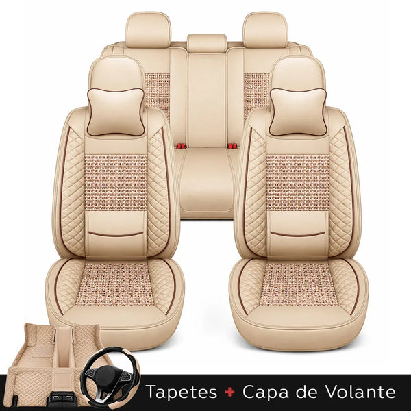 Kit Completo de Capas para Banco de Carro Nureon em Couro Legítimo Universal 5 Lugares Com Airbag + Tapetes e Capa de Volante