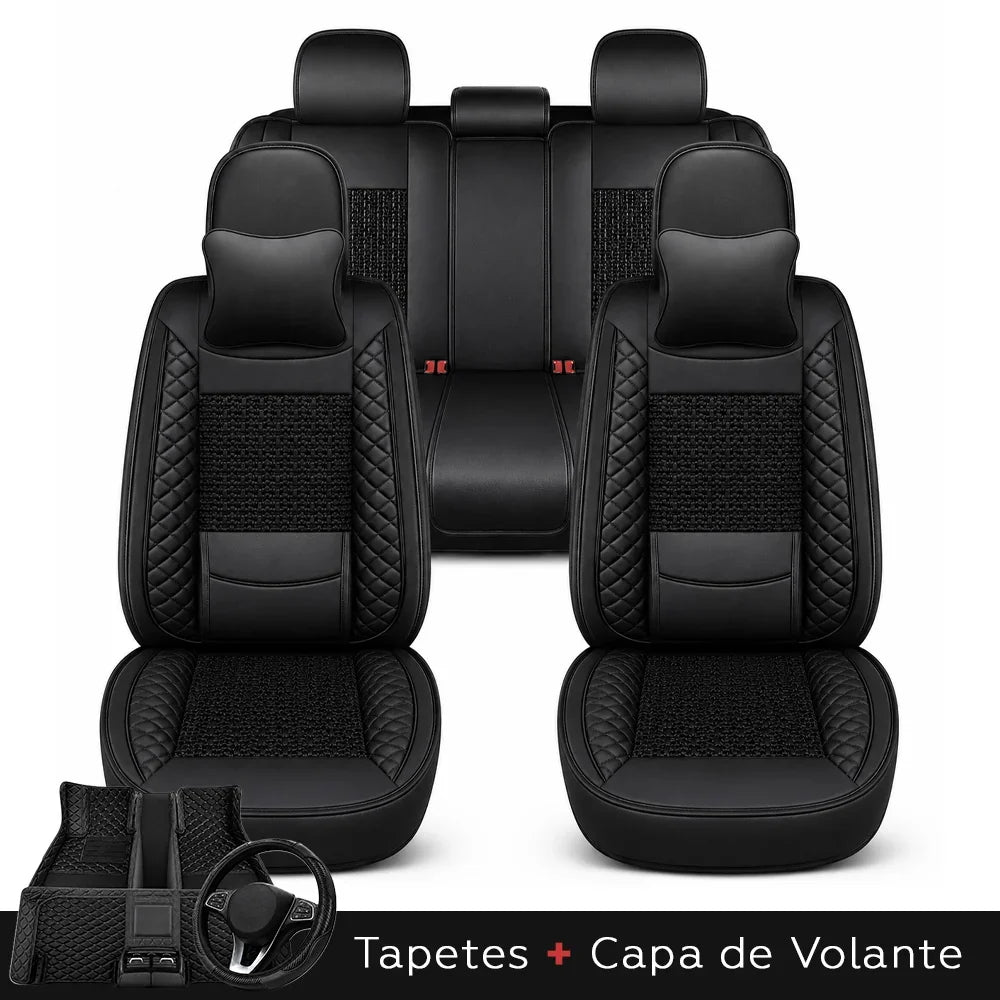 Kit Completo de Capas para Banco de Carro Nureon em Couro Legítimo Universal 5 Lugares Com Airbag + Tapetes e Capa de Volante
